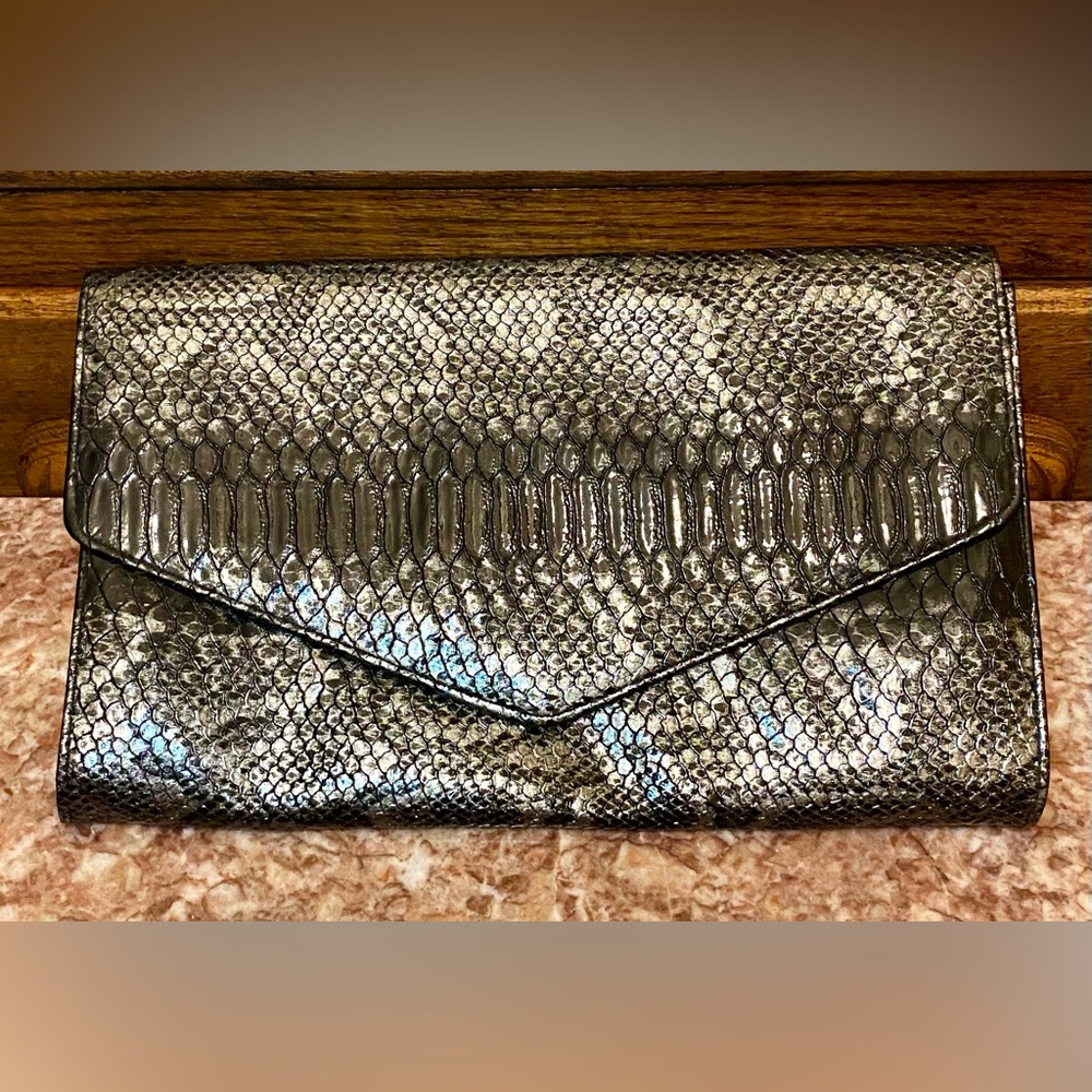 DGH Faux Snakeskin Clutch; Black/Silver; Perfect Condition; NWOT.